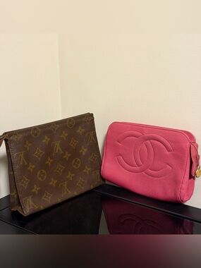 CHANEL Pink Caviar Leather and LV Monogram Vintage Cosmetic Pouch Bundle